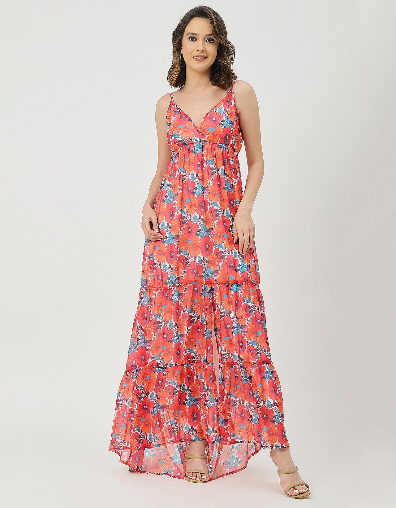 Sleeveless V Neck A-Line Printed Dress