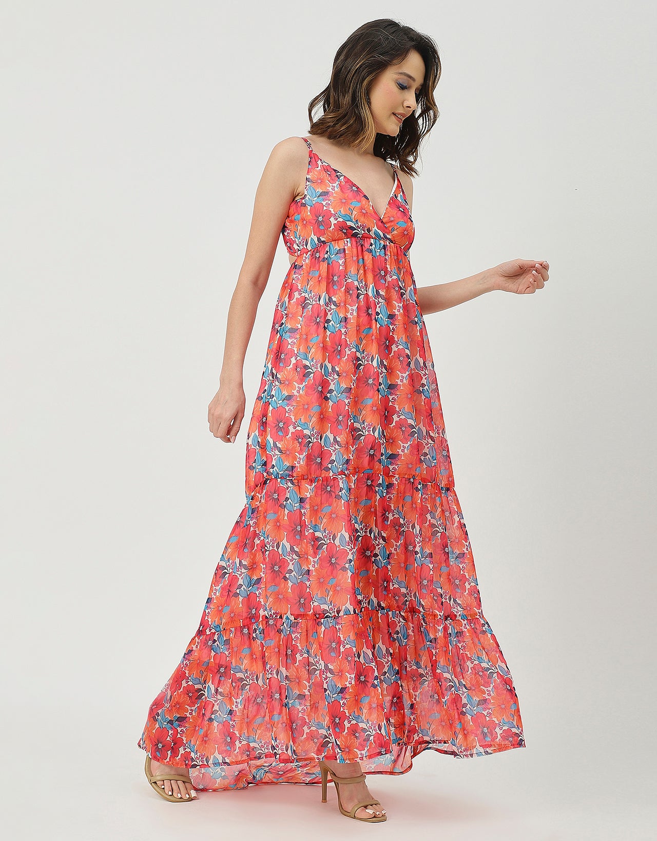 Sleeveless V Neck A-Line Printed Dress