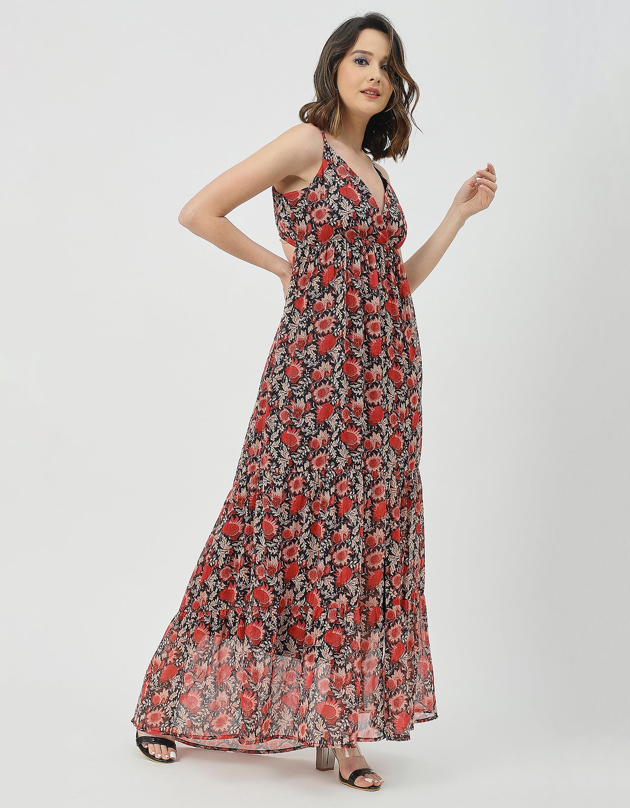 Sleeveless V Neck A-Line Printed Dress