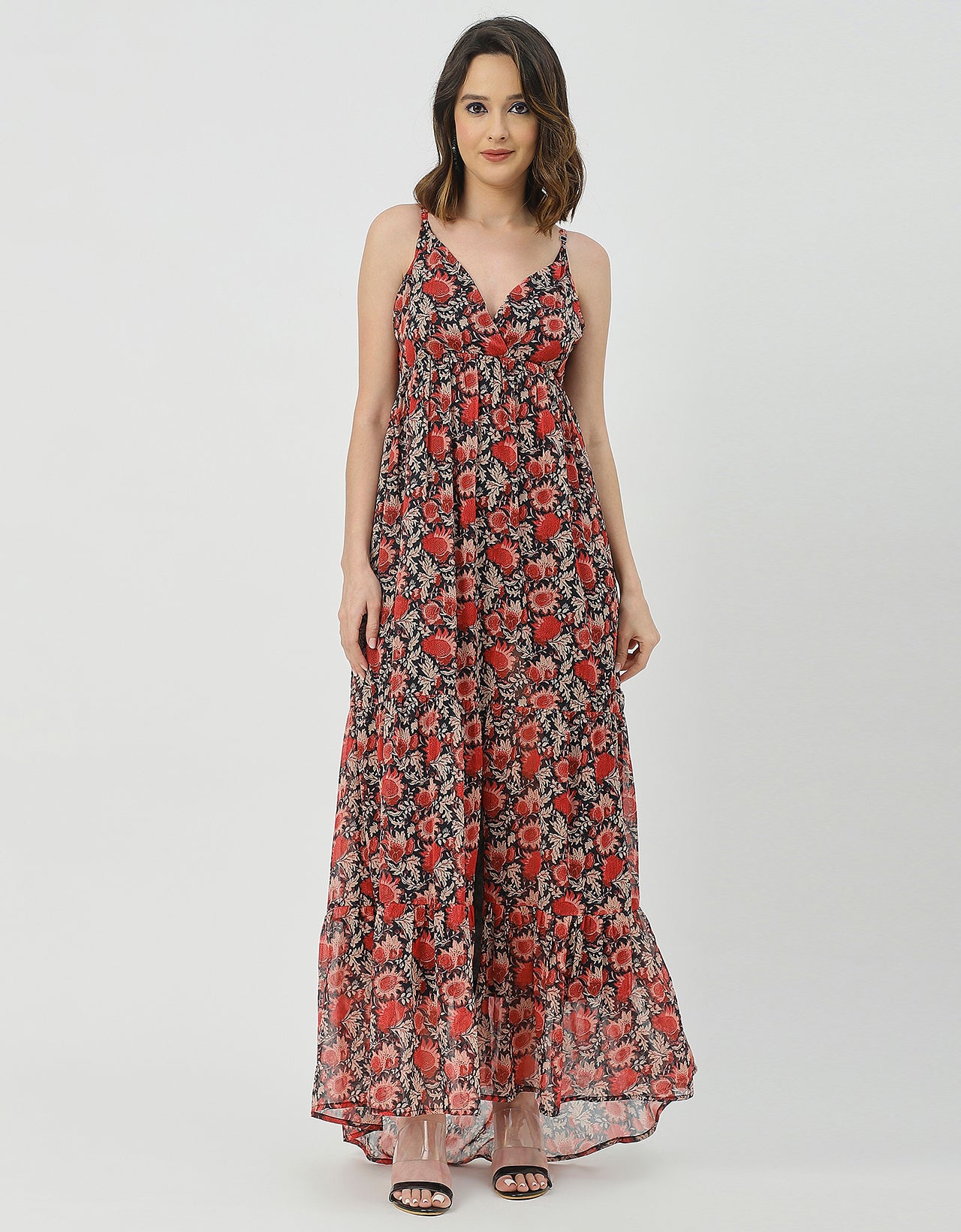 Sleeveless V Neck A-Line Printed Dress
