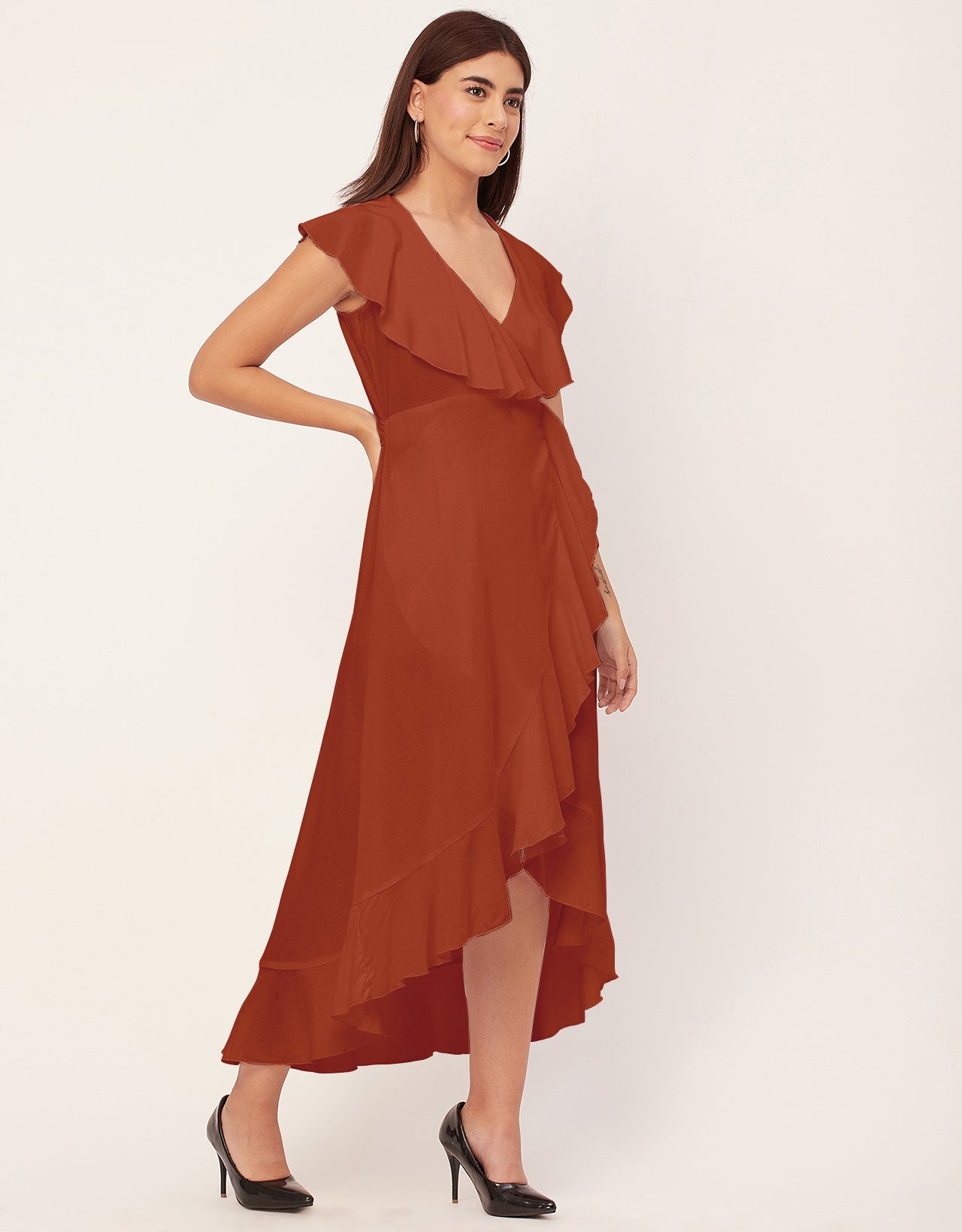 Sleeveless V Neck Wrap Solid Rayon Dress