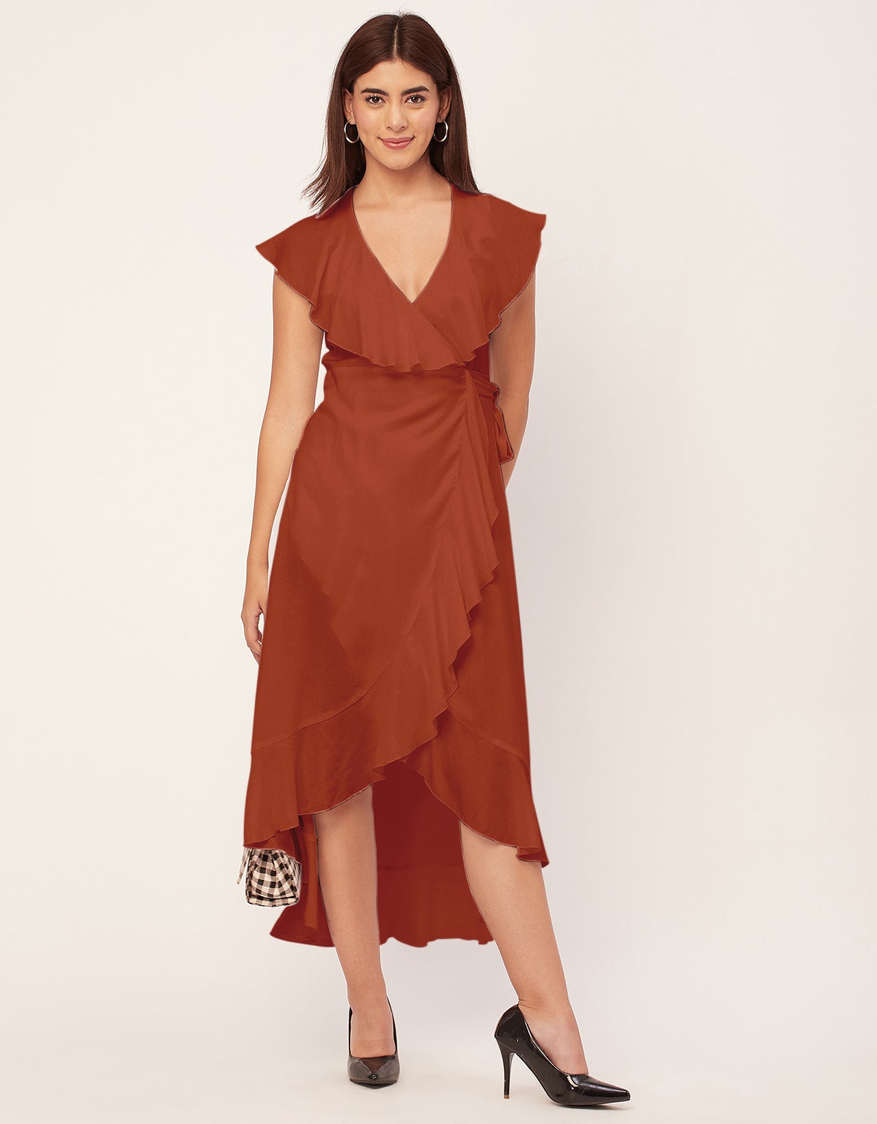 Sleeveless V Neck Wrap Solid Rayon Dress
