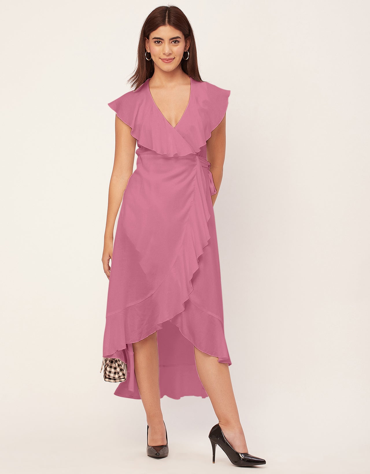 Sleeveless V Neck Wrap Solid Rayon Dress