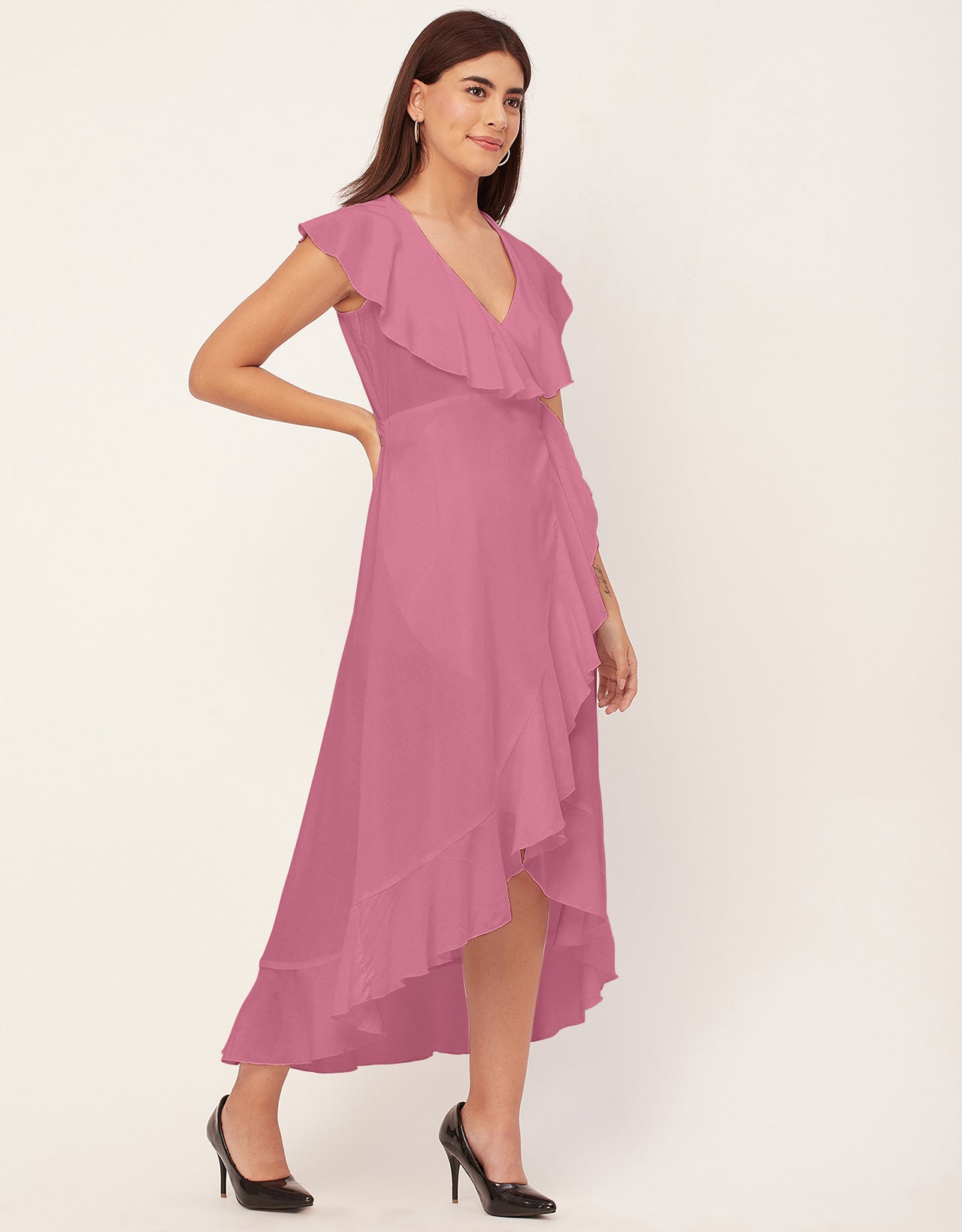 Sleeveless V Neck Wrap Solid Rayon Dress