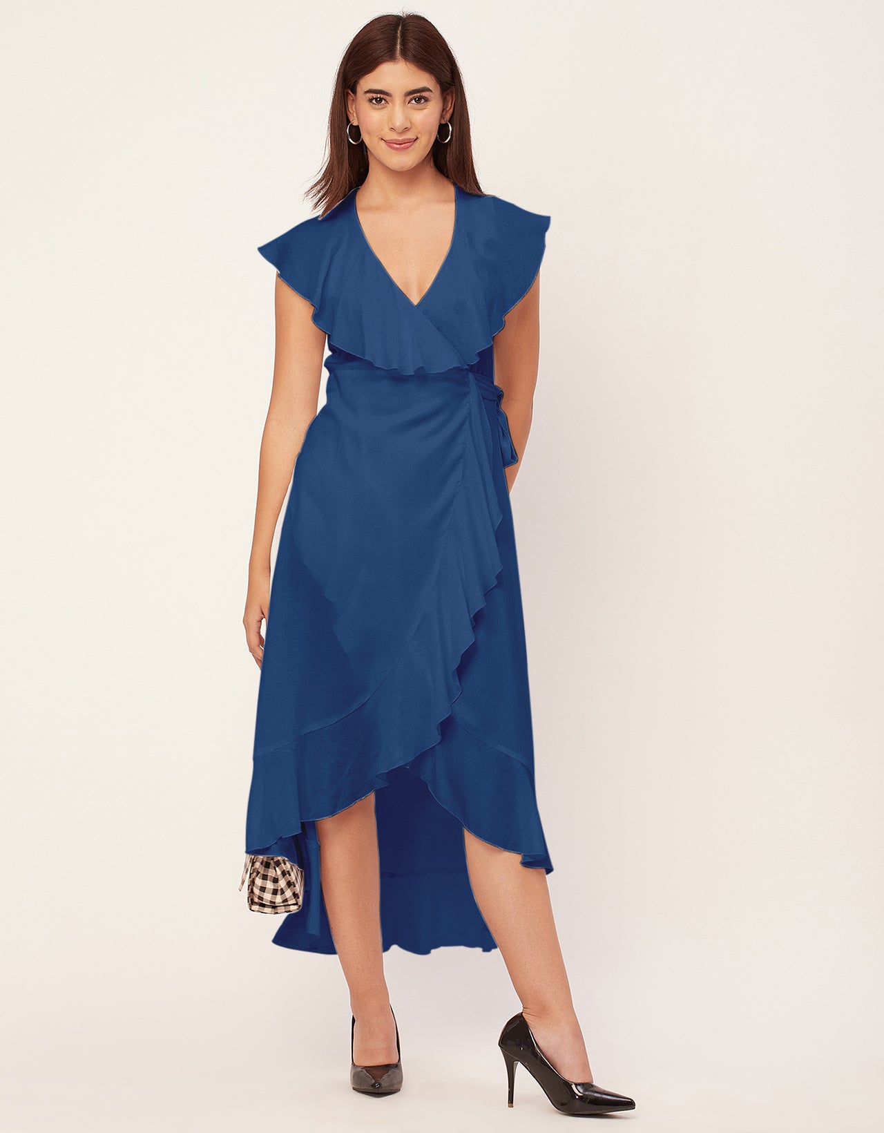 Sleeveless V Neck Wrap Solid Rayon Dress