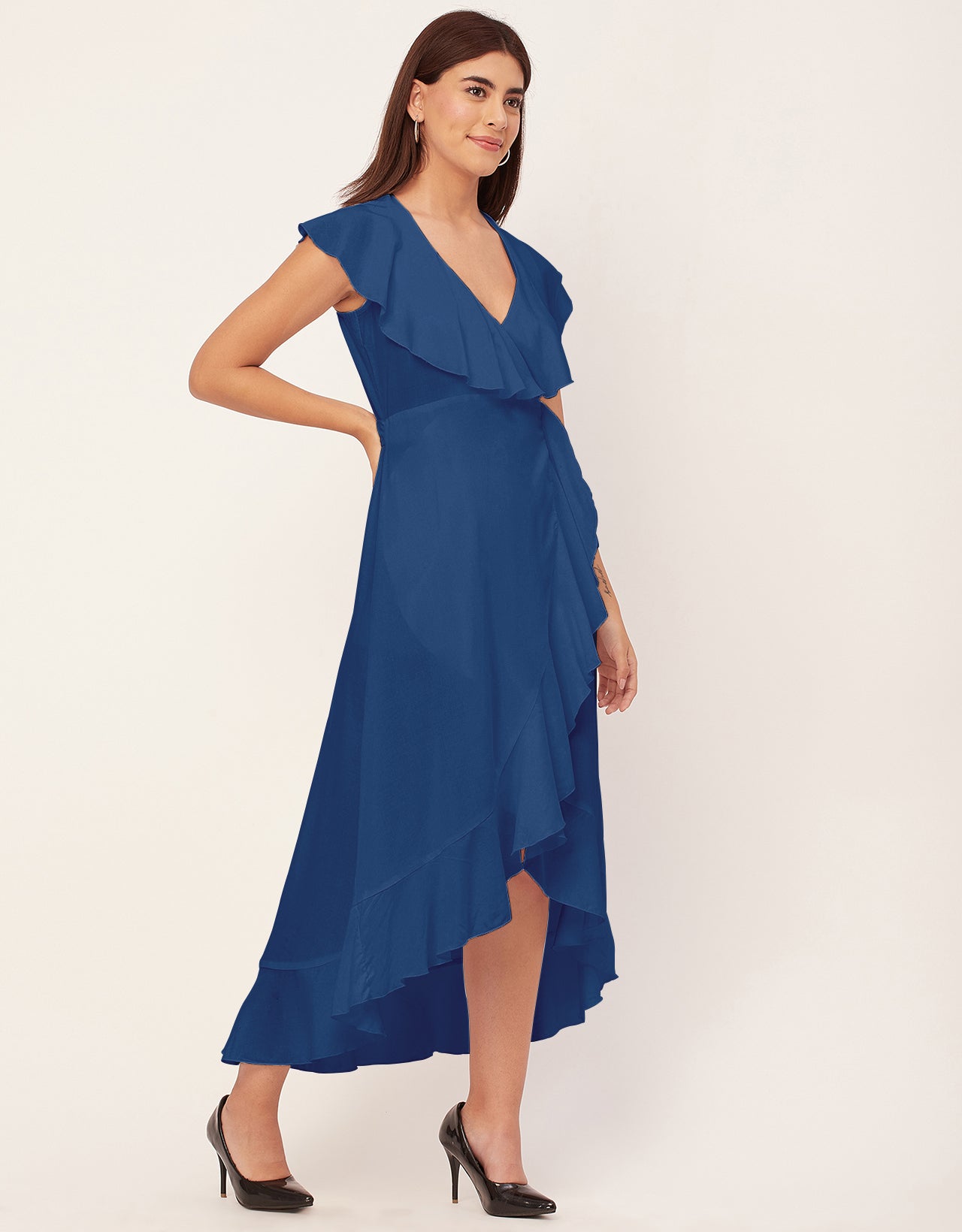 Sleeveless V Neck Wrap Solid Rayon Dress