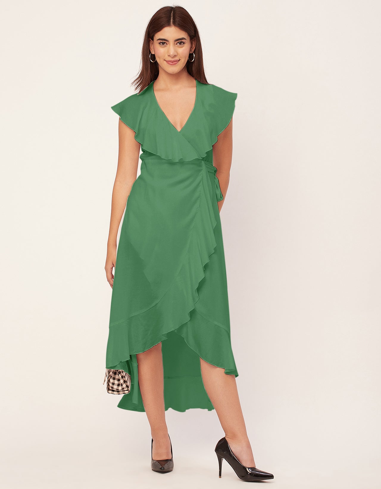 Sleeveless V Neck Wrap Solid Rayon Dress