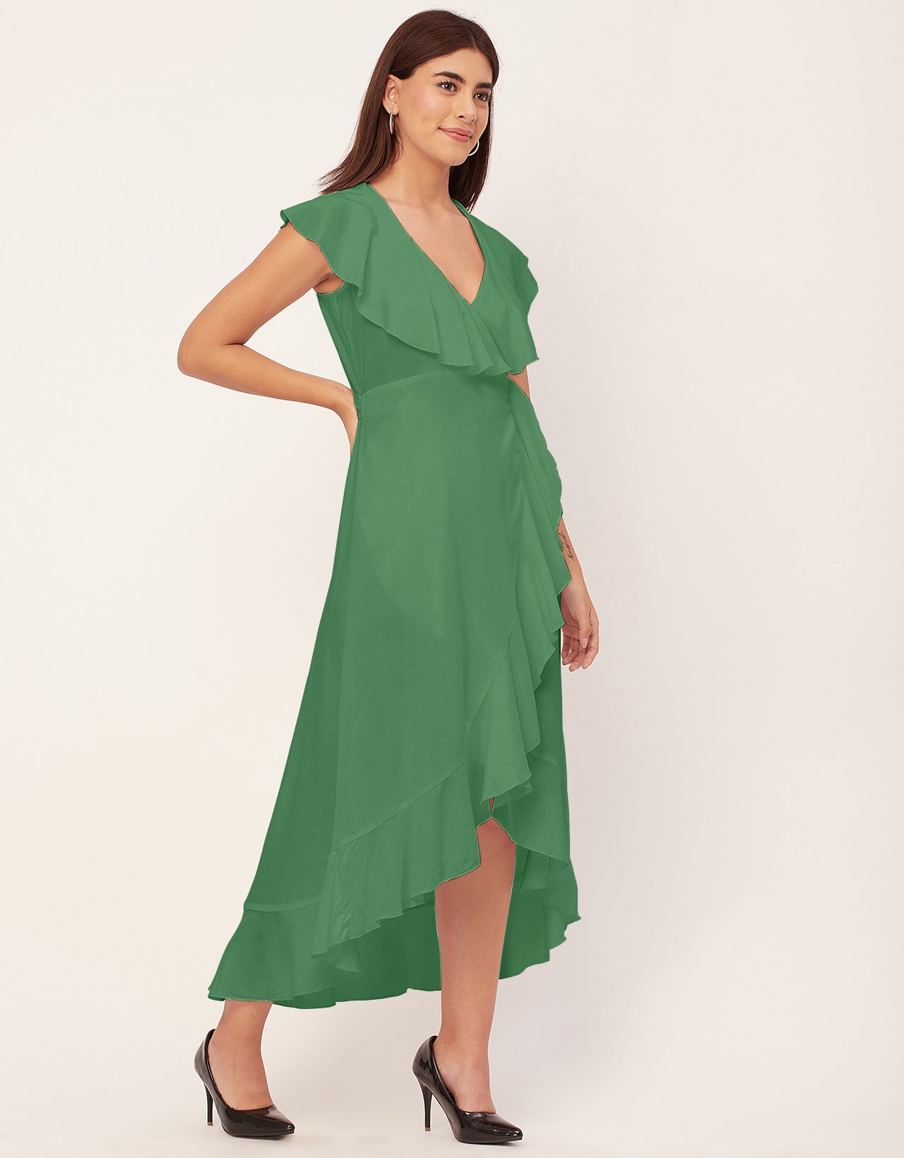 Sleeveless V Neck Wrap Solid Rayon Dress