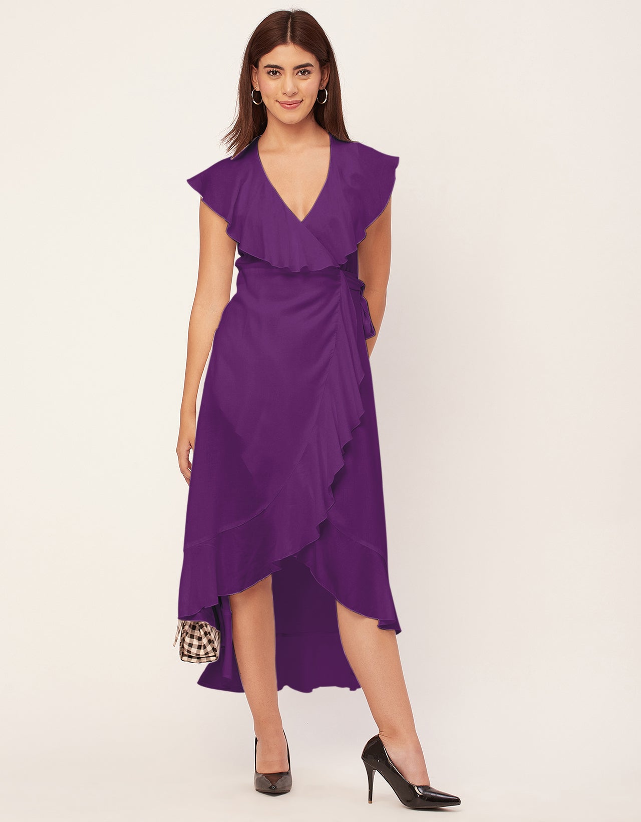 Sleeveless V Neck Wrap Solid Rayon Dress