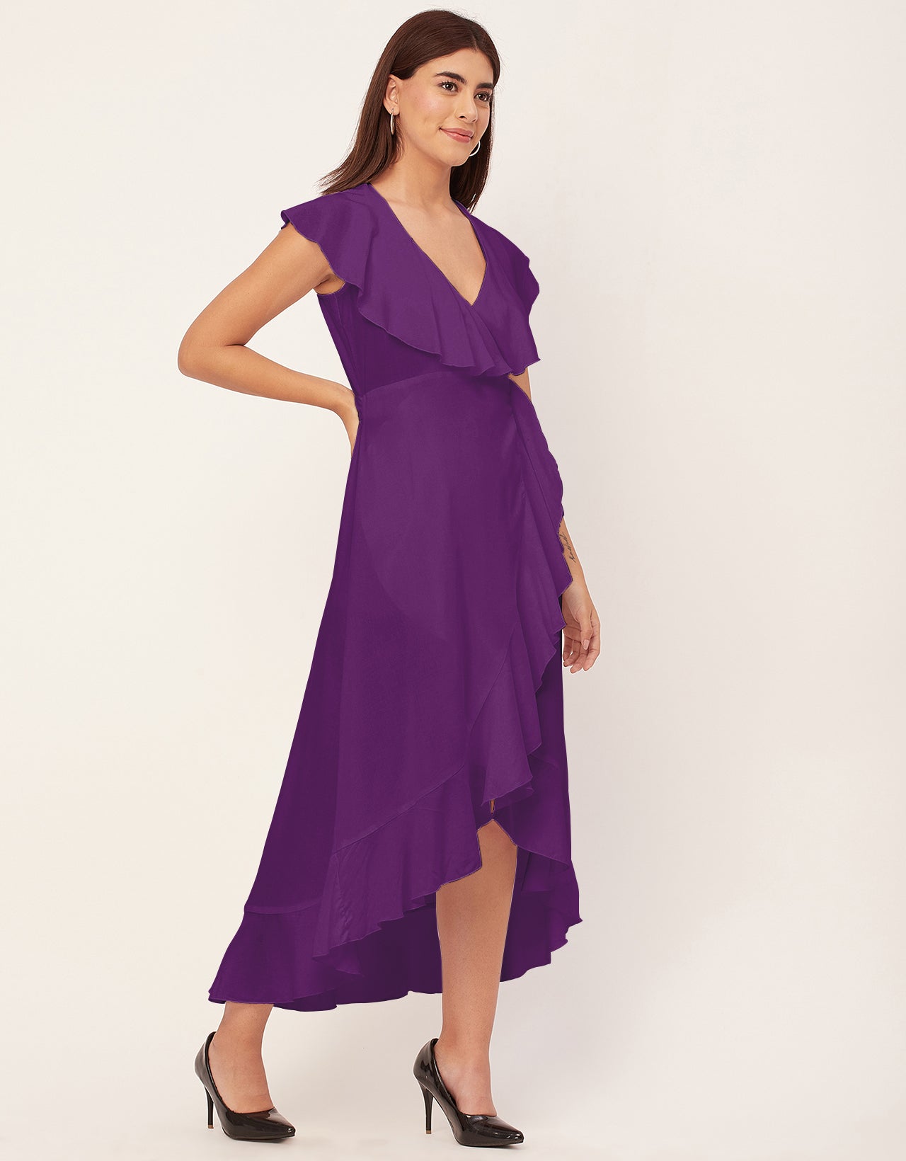 Sleeveless V Neck Wrap Solid Rayon Dress