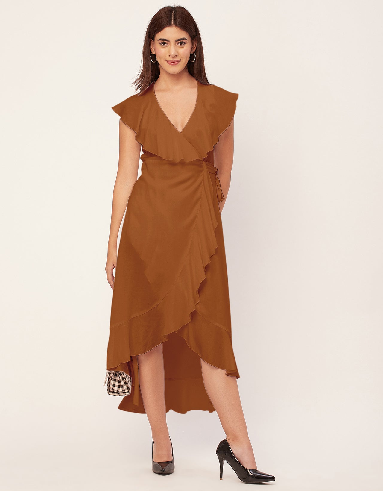 Sleeveless V Neck Wrap Solid Rayon Dress