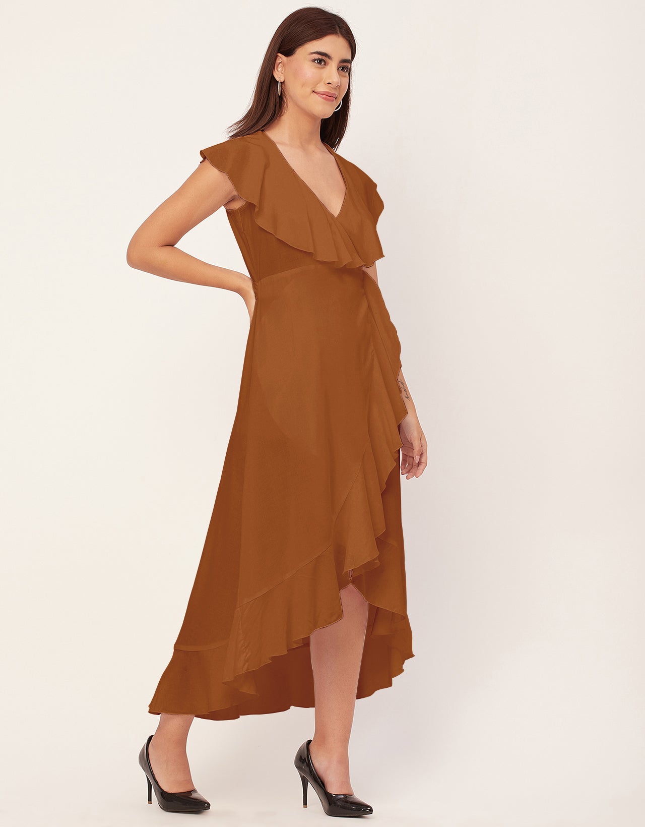 Sleeveless V Neck Wrap Solid Rayon Dress