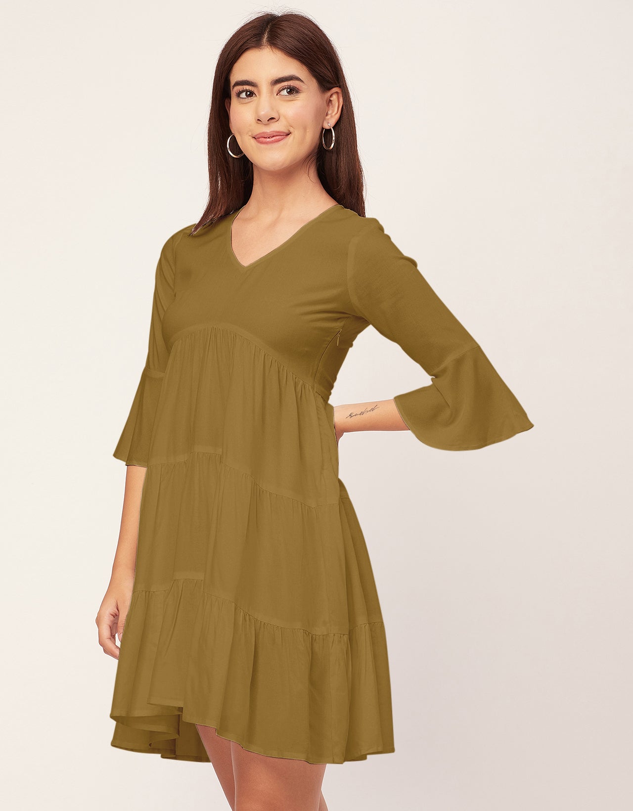 Women Trendy V Neck Solid Rayon Dress