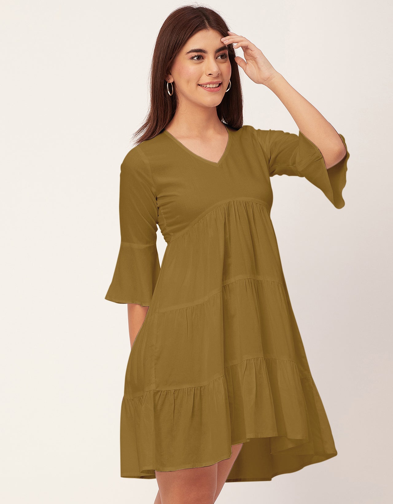 Women Trendy V Neck Solid Rayon Dress