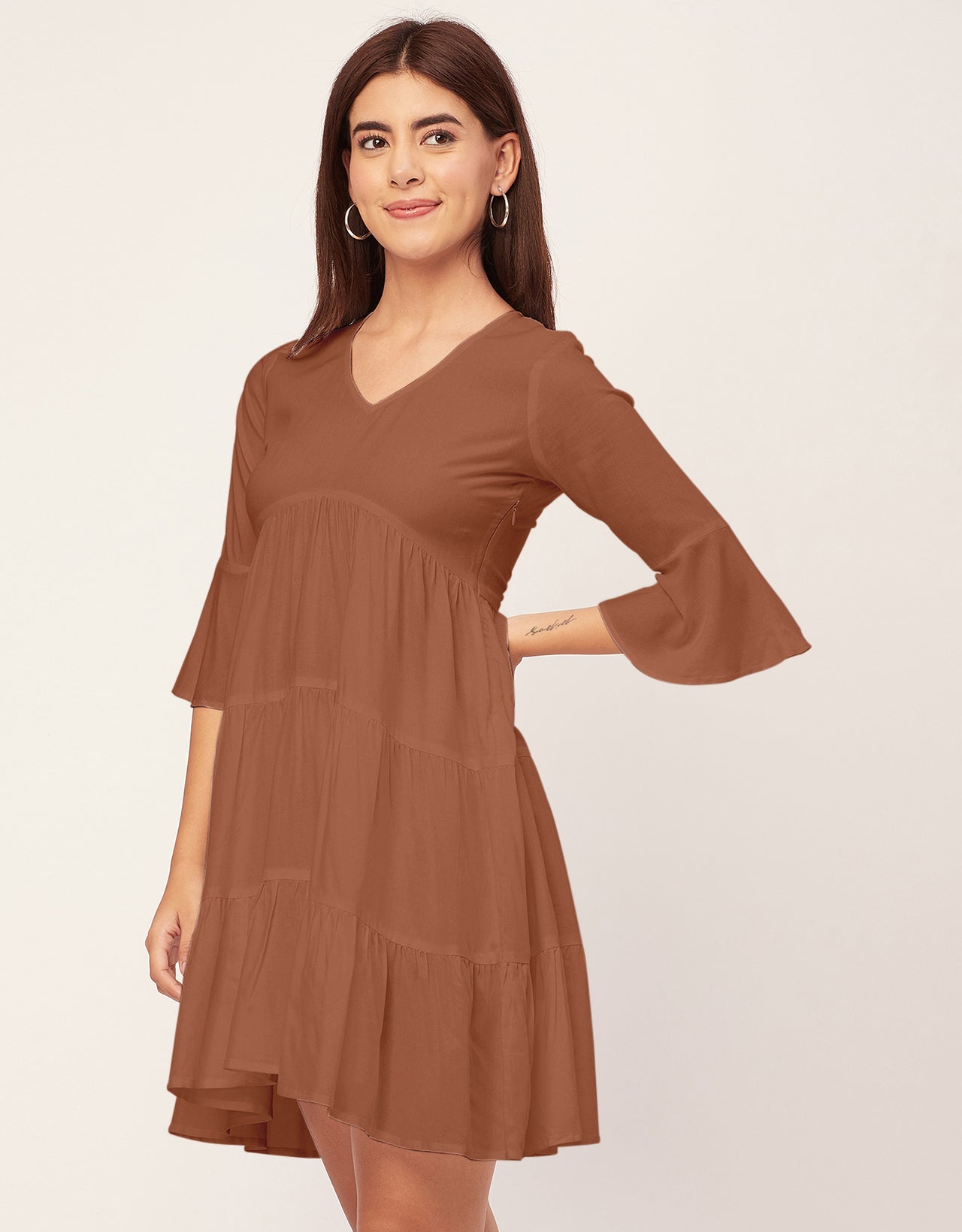 Women Trendy V Neck Solid Rayon Dress