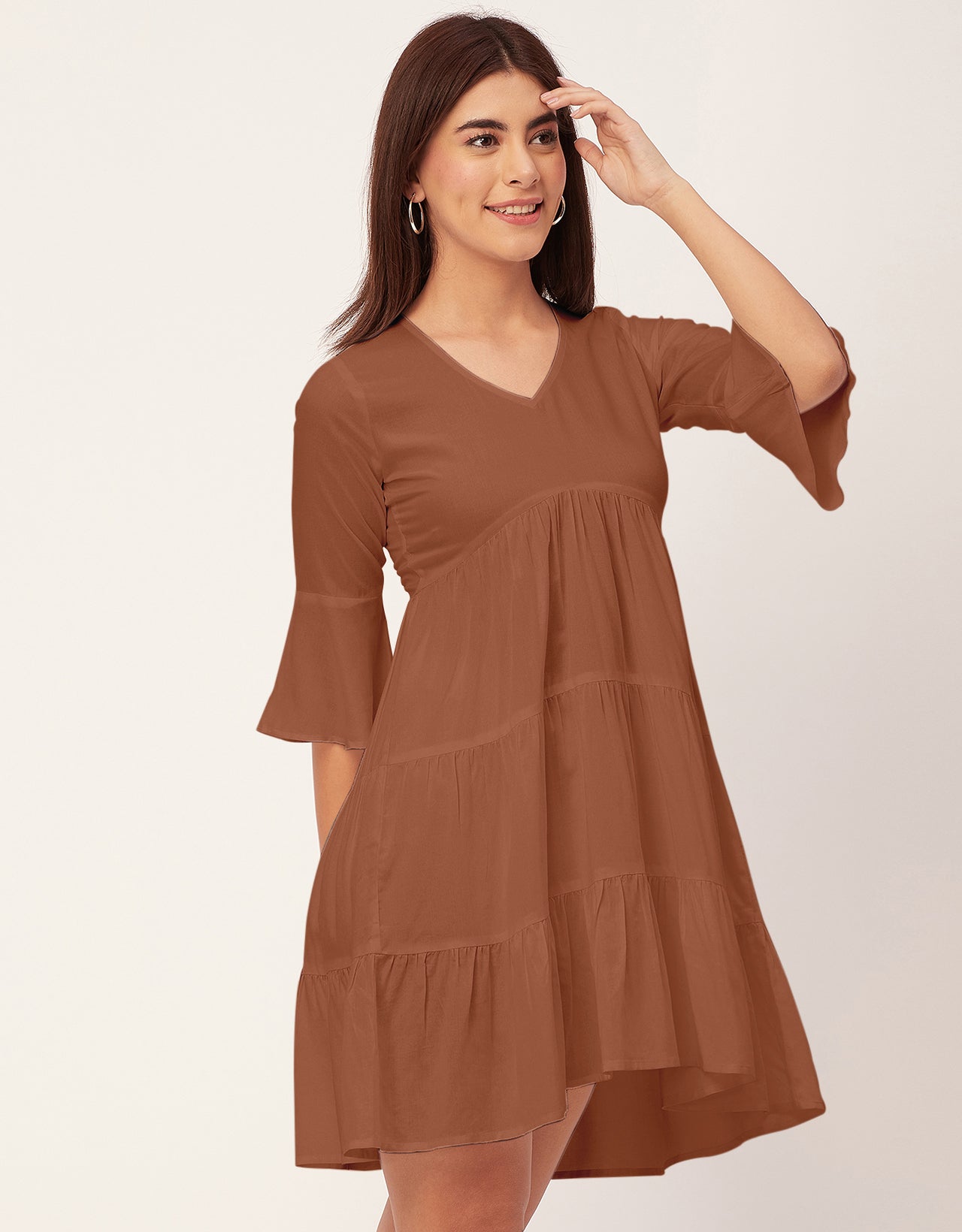 Women Trendy V Neck Solid Rayon Dress