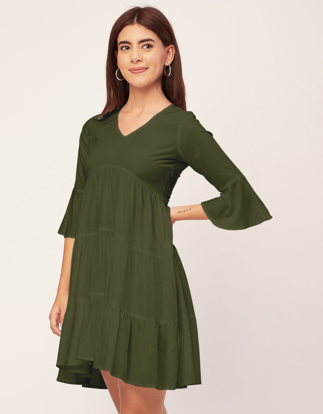 Women Trendy V Neck Solid Rayon Dress