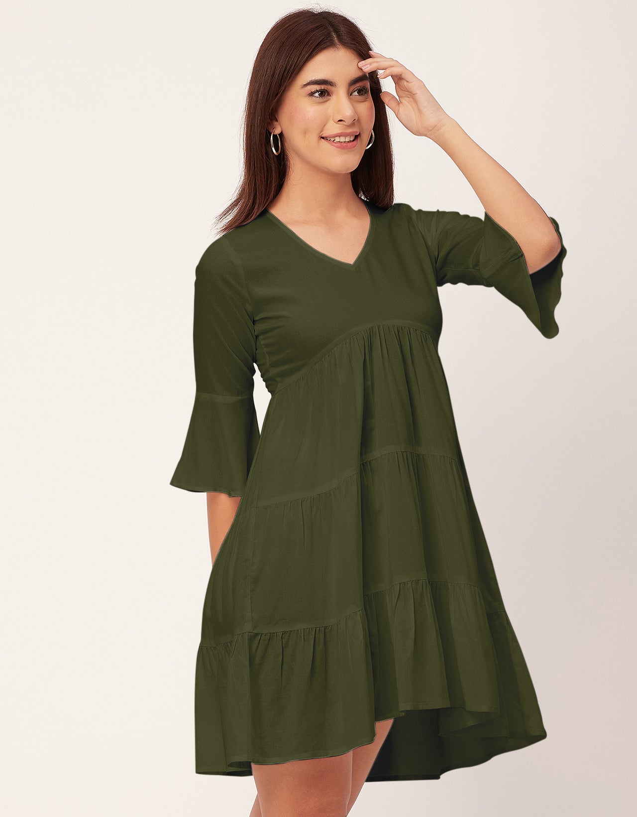 Women Trendy V Neck Solid Rayon Dress