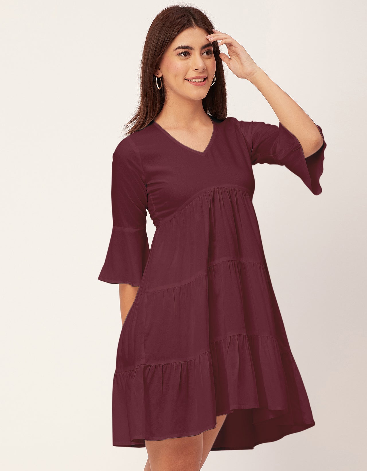 Women Trendy V Neck Solid Rayon Dress