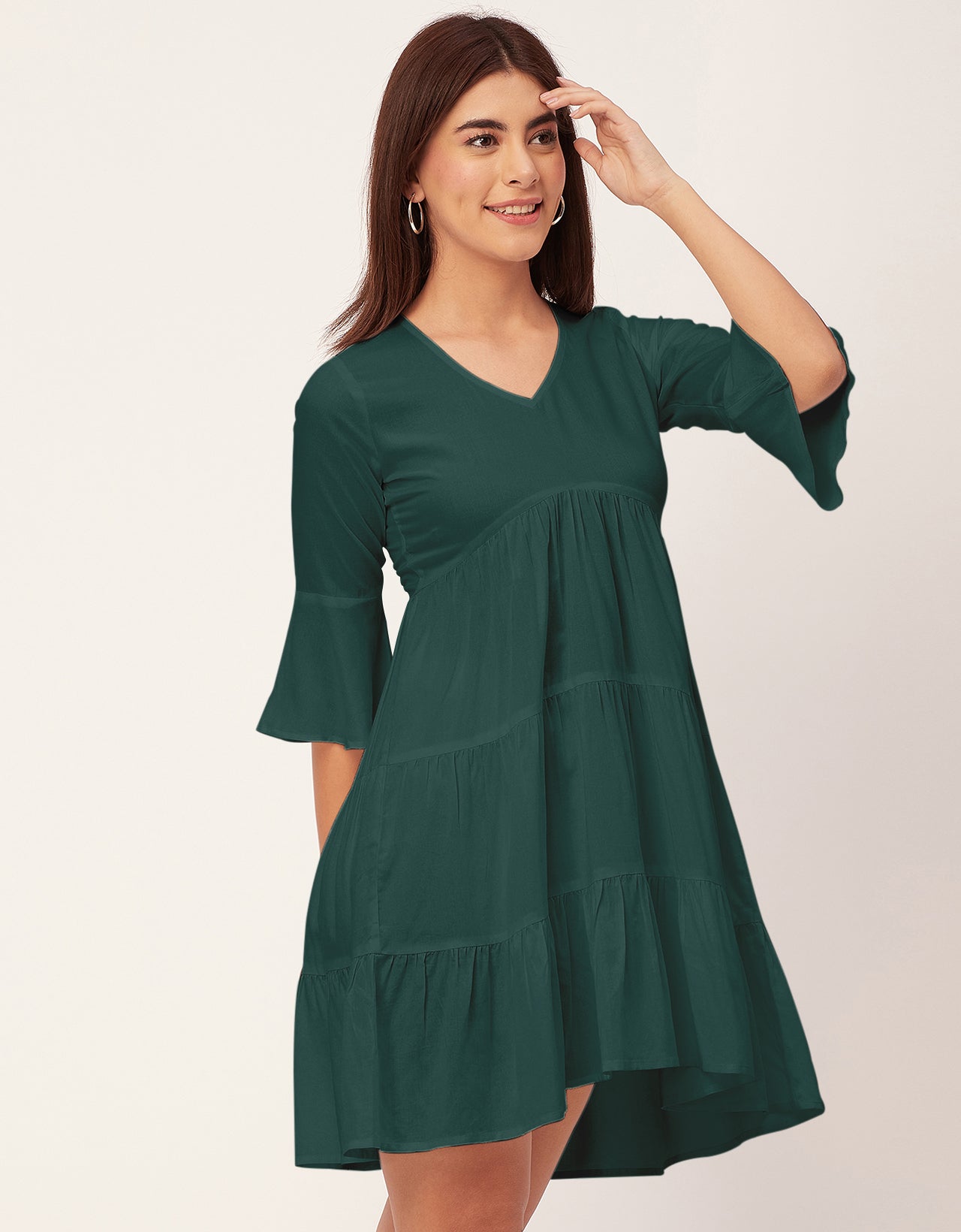 Women Trendy V Neck Solid Rayon Dress