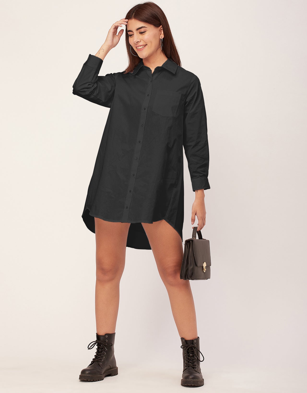 Women Classic Solid Cotton Shirt Dress