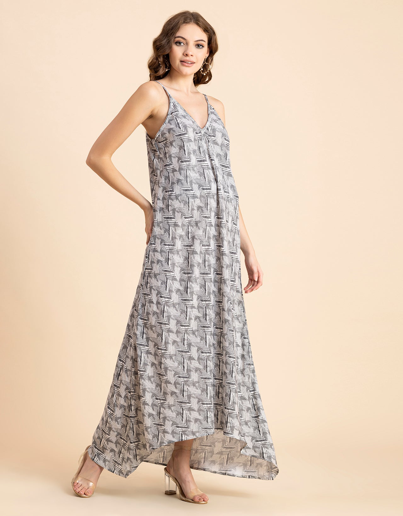 Sleeveless Geometric High Low Rayon Dress