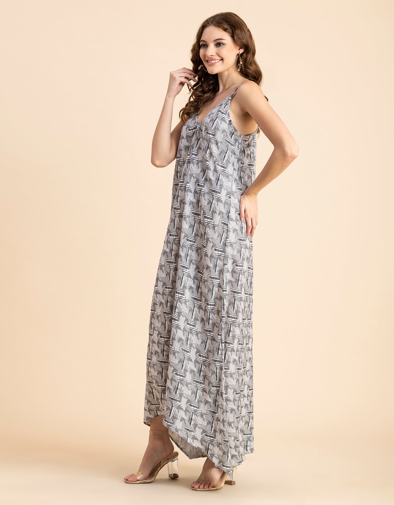 Sleeveless Geometric High Low Rayon Dress