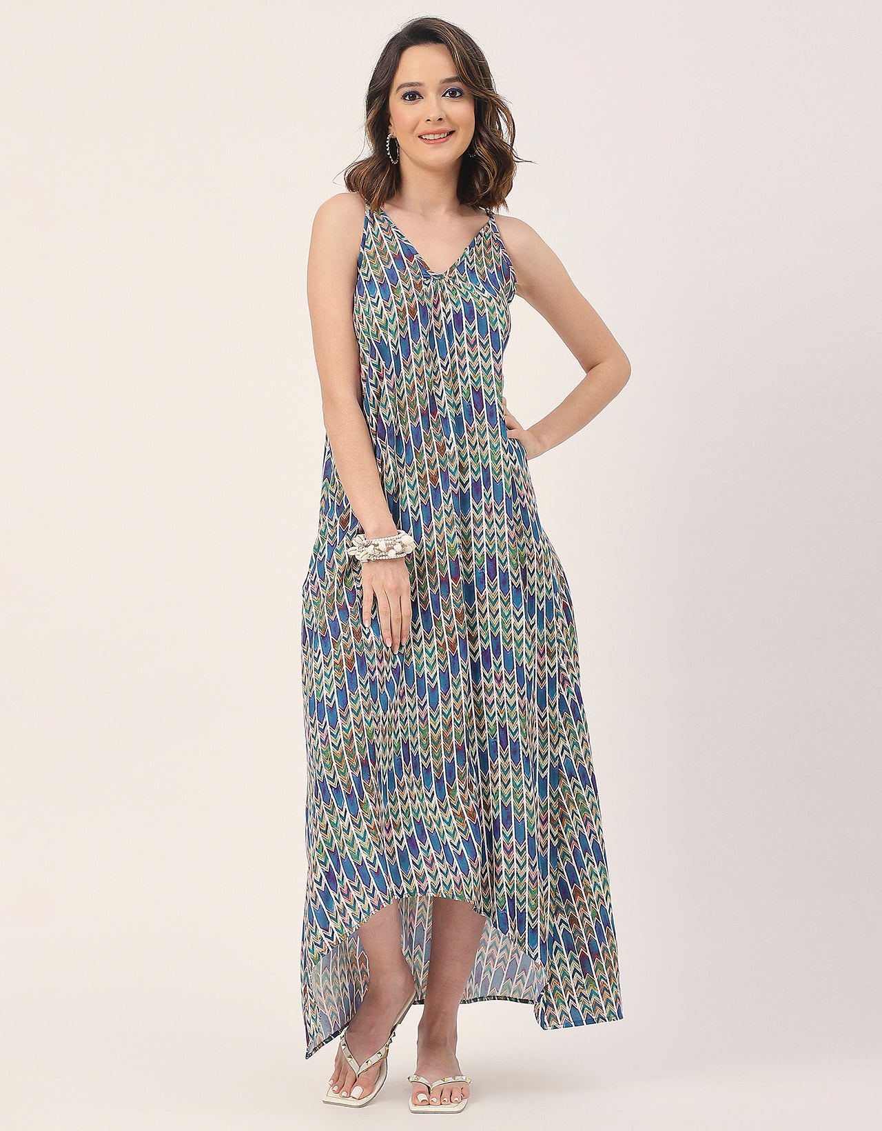 Sleeveless Geometric High Low Rayon Dress