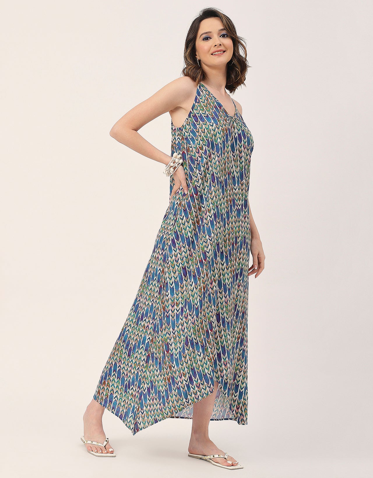 Sleeveless Geometric High Low Rayon Dress