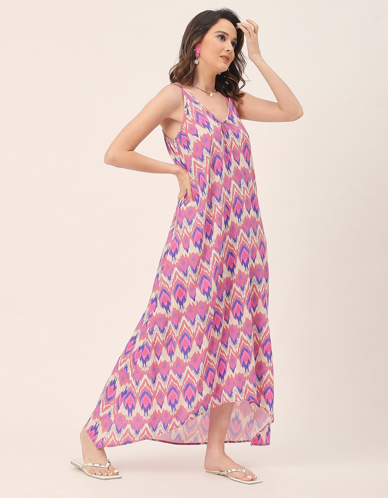 Sleeveless Geometric High Low Rayon Dress