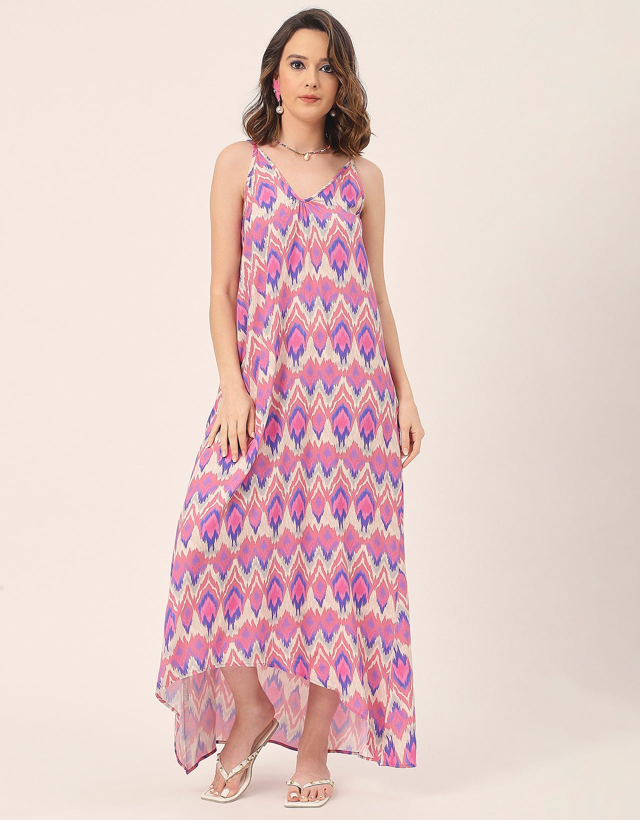 Sleeveless Geometric High Low Rayon Dress