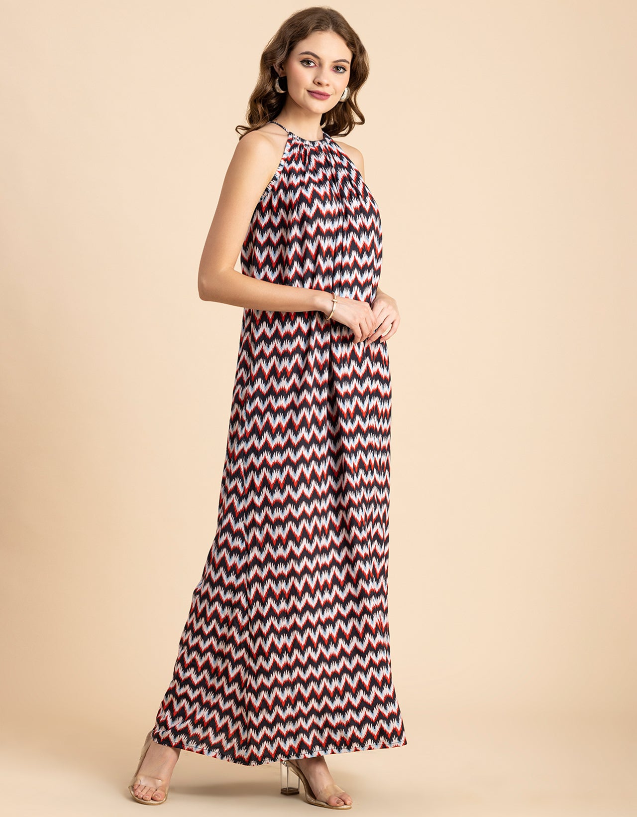 Stylish Sleeveless Ikat Halter Neck A-Line Rayon Dress