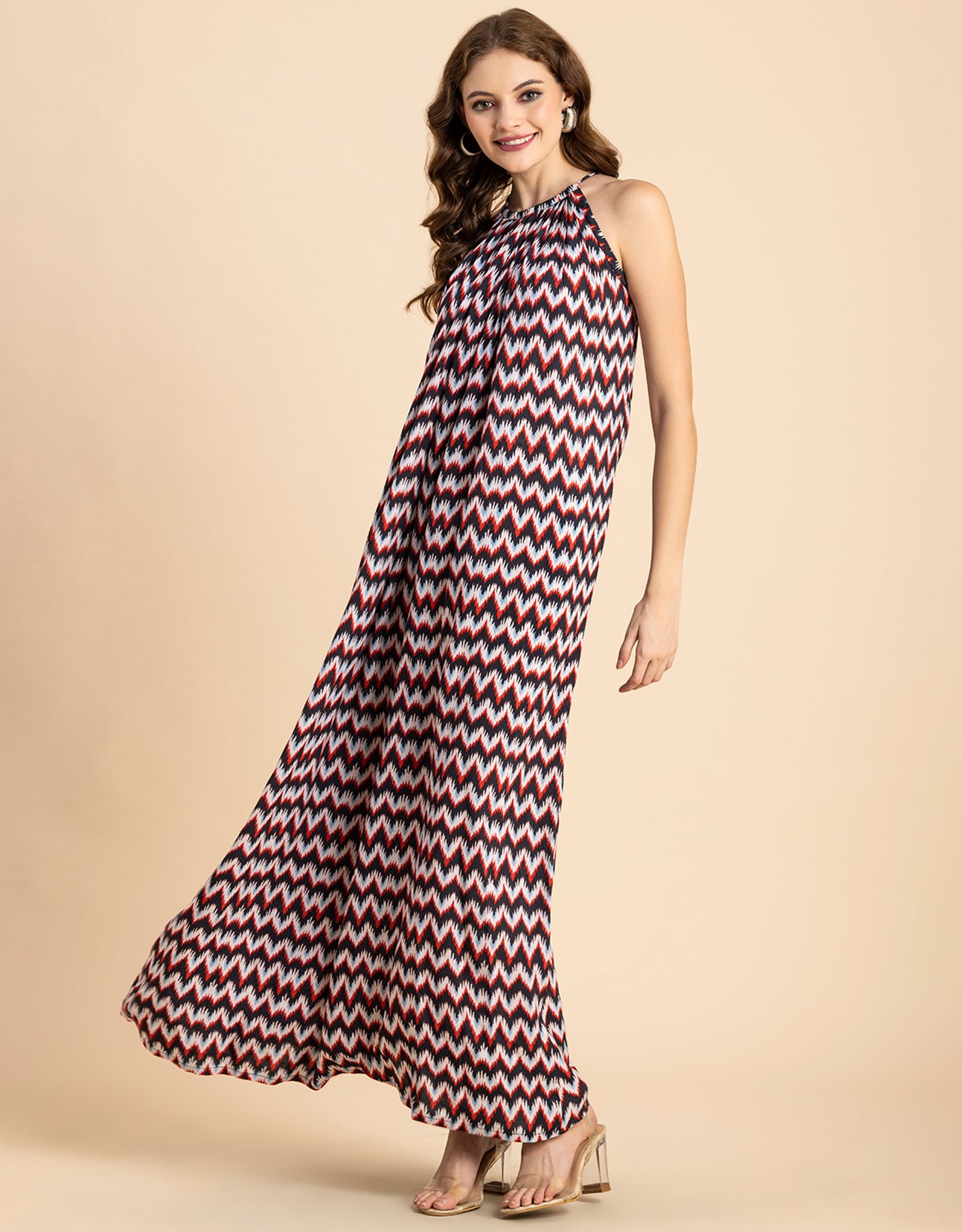 Stylish Sleeveless Ikat Halter Neck A-Line Rayon Dress