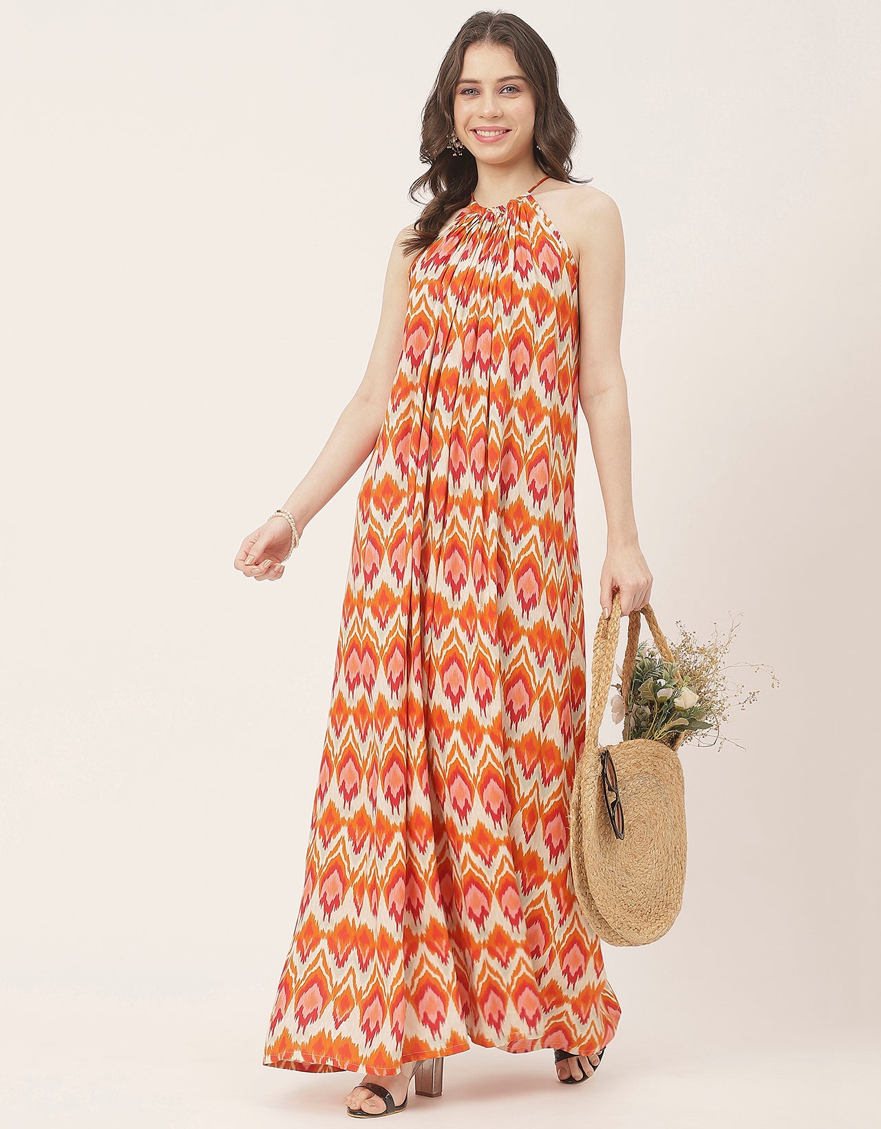 Stylish Sleeveless Ikat Halter Neck A-Line Rayon Dress