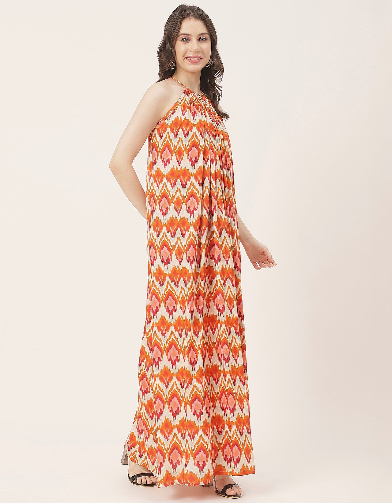 Stylish Sleeveless Ikat Halter Neck A-Line Rayon Dress