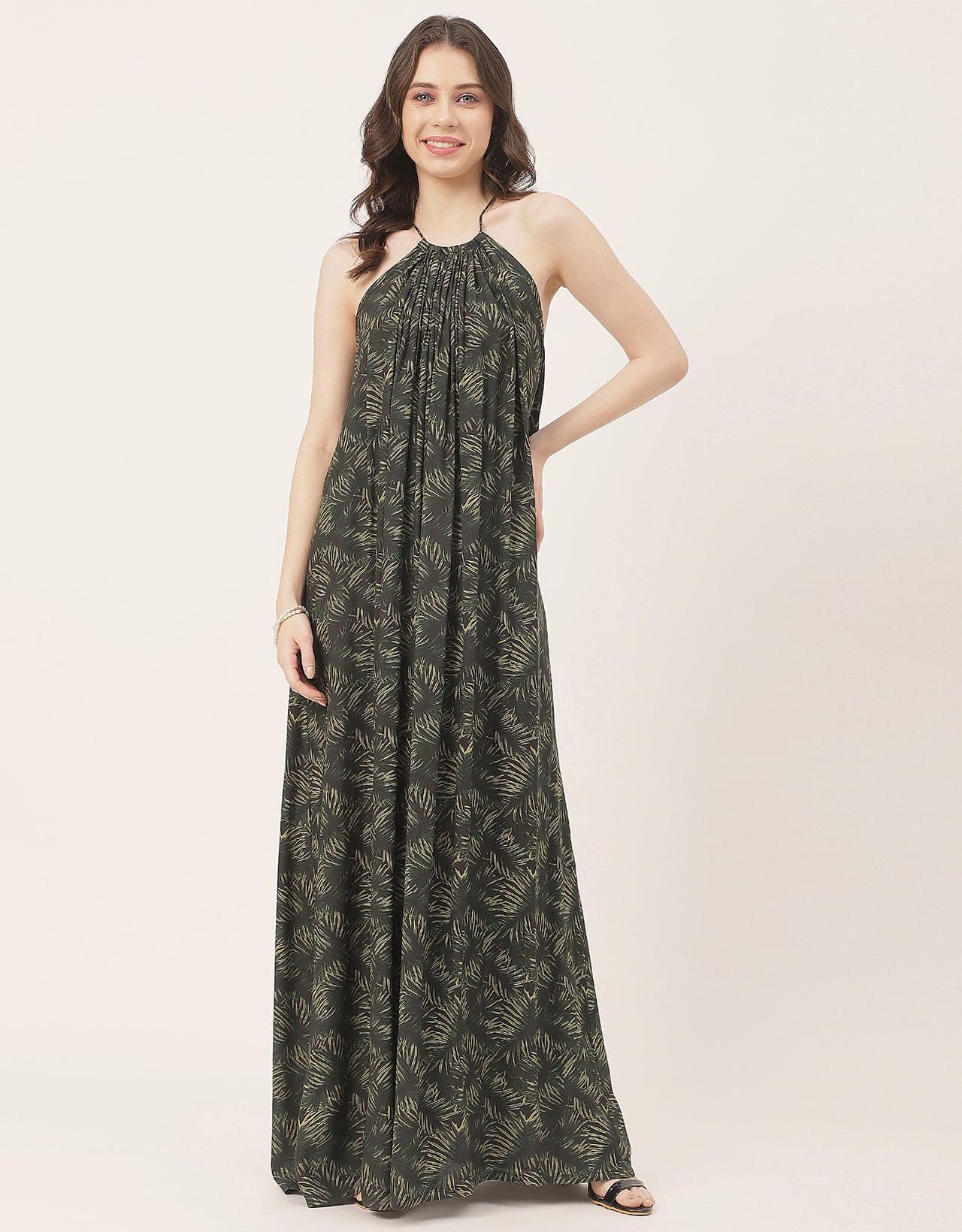 Stylish Sleeveless Ikat Halter Neck A-Line Rayon Dress