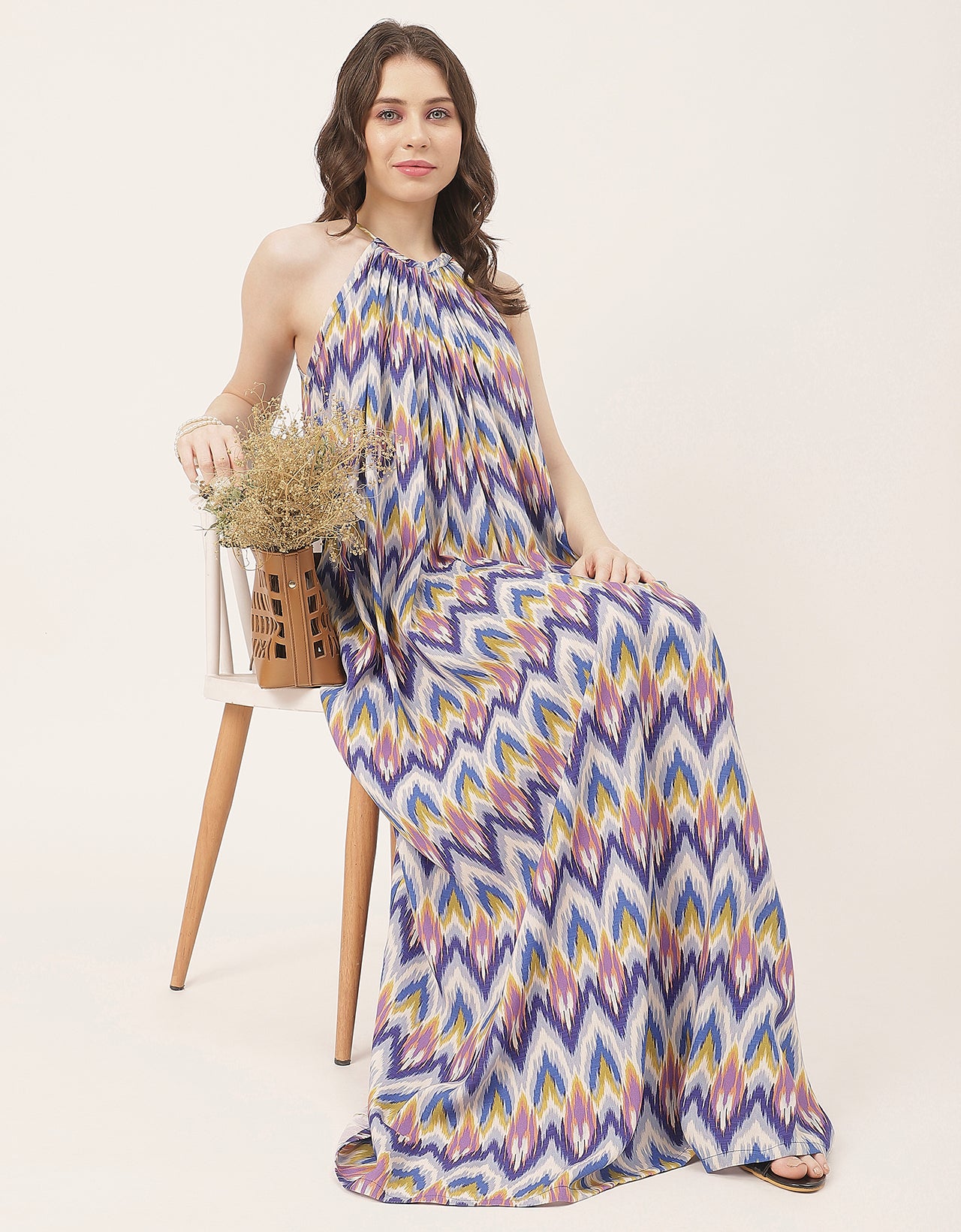 Stylish Sleeveless Ikat Halter Neck A-Line Rayon Dress