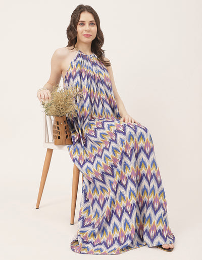 Stylish Sleeveless Ikat Halter Neck A-Line Rayon Dress