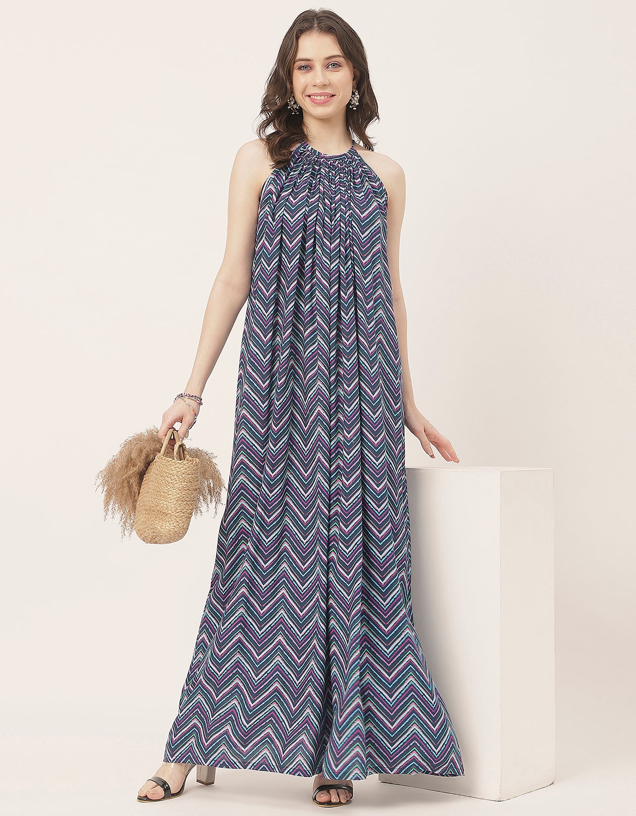 Stylish Sleeveless Ikat Halter Neck A-Line Rayon Dress