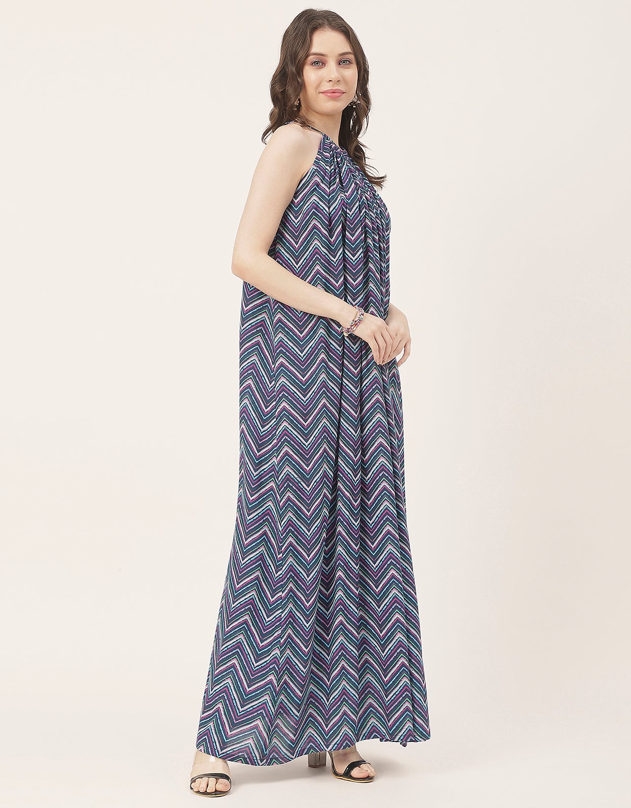 Stylish Sleeveless Ikat Halter Neck A-Line Rayon Dress
