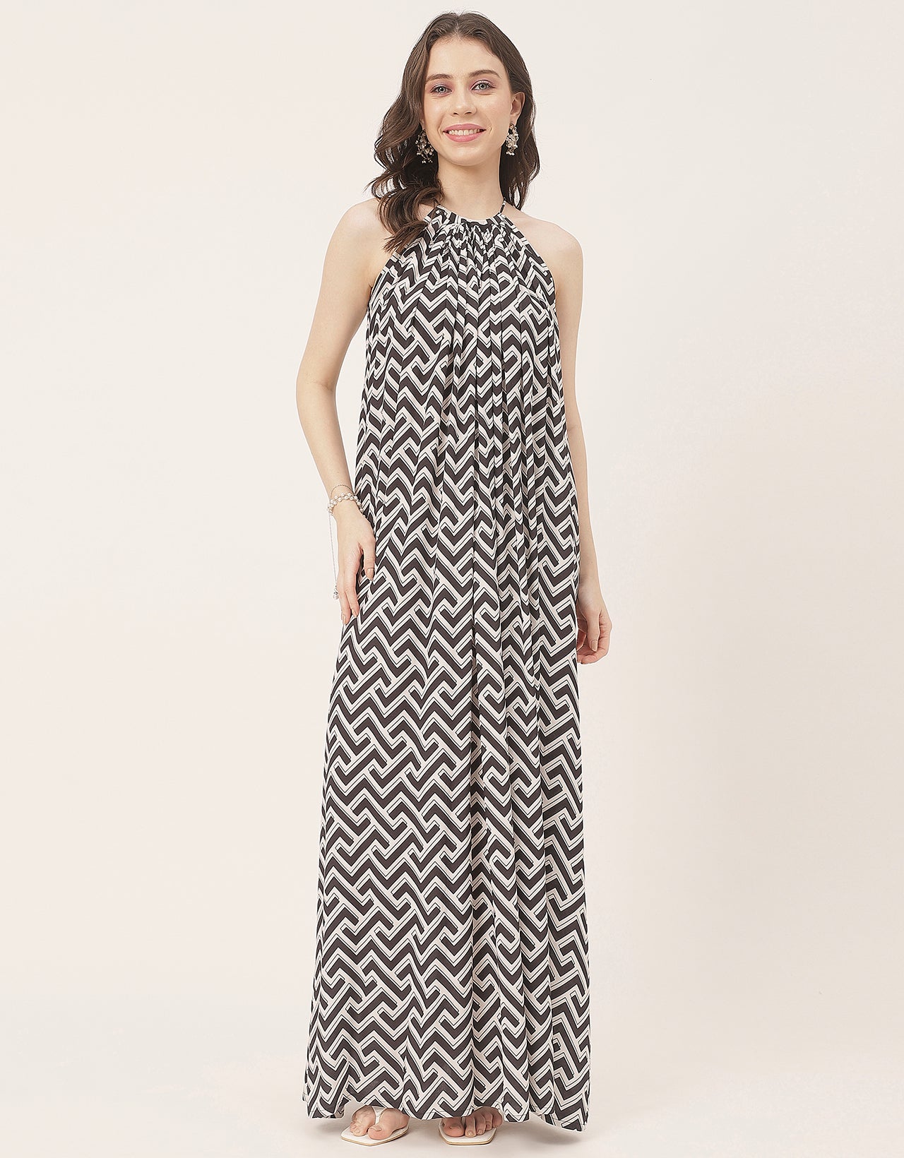 Stylish Sleeveless Ikat Halter Neck A-Line Rayon Dress