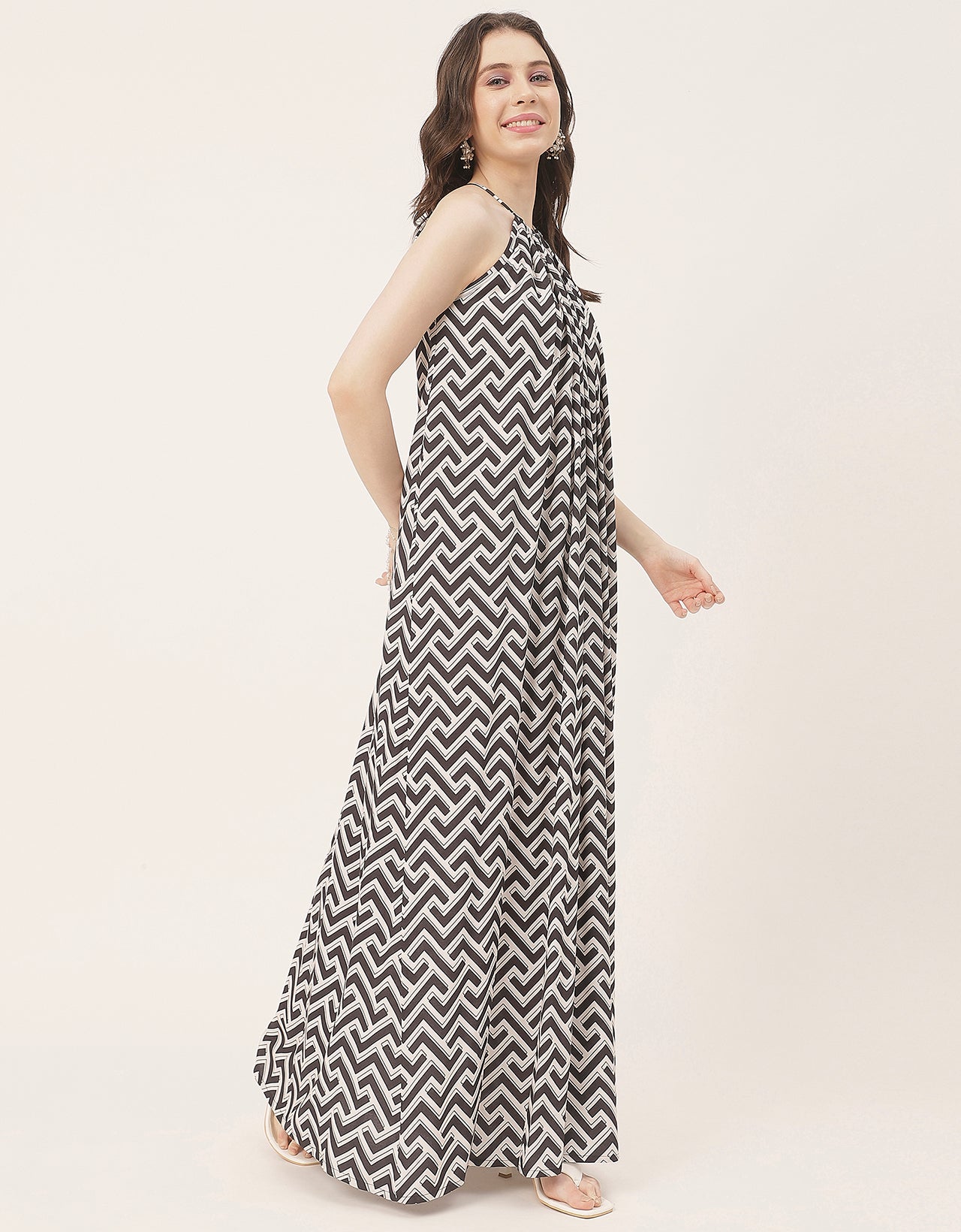 Stylish Sleeveless Ikat Halter Neck A-Line Rayon Dress