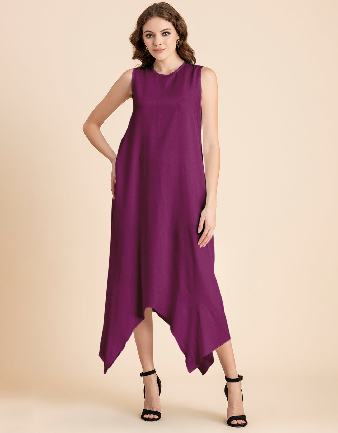 Contemporary Asymmetric Round Neck Solid Rayon Dress