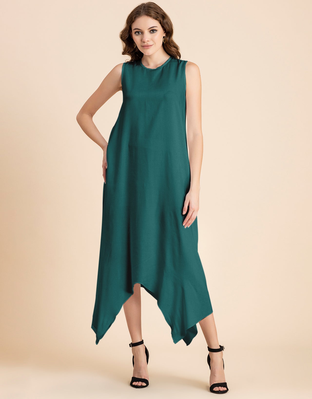 Contemporary Asymmetric Round Neck Solid Rayon Dress