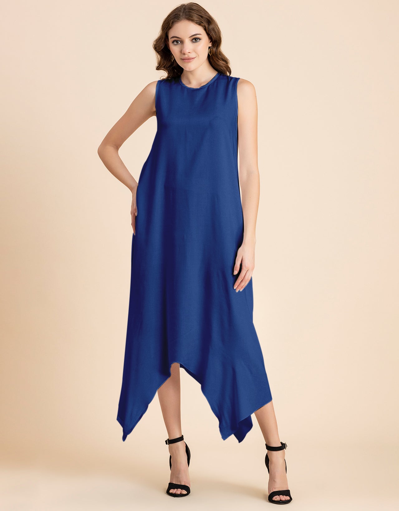 Contemporary Asymmetric Round Neck Solid Rayon Dress