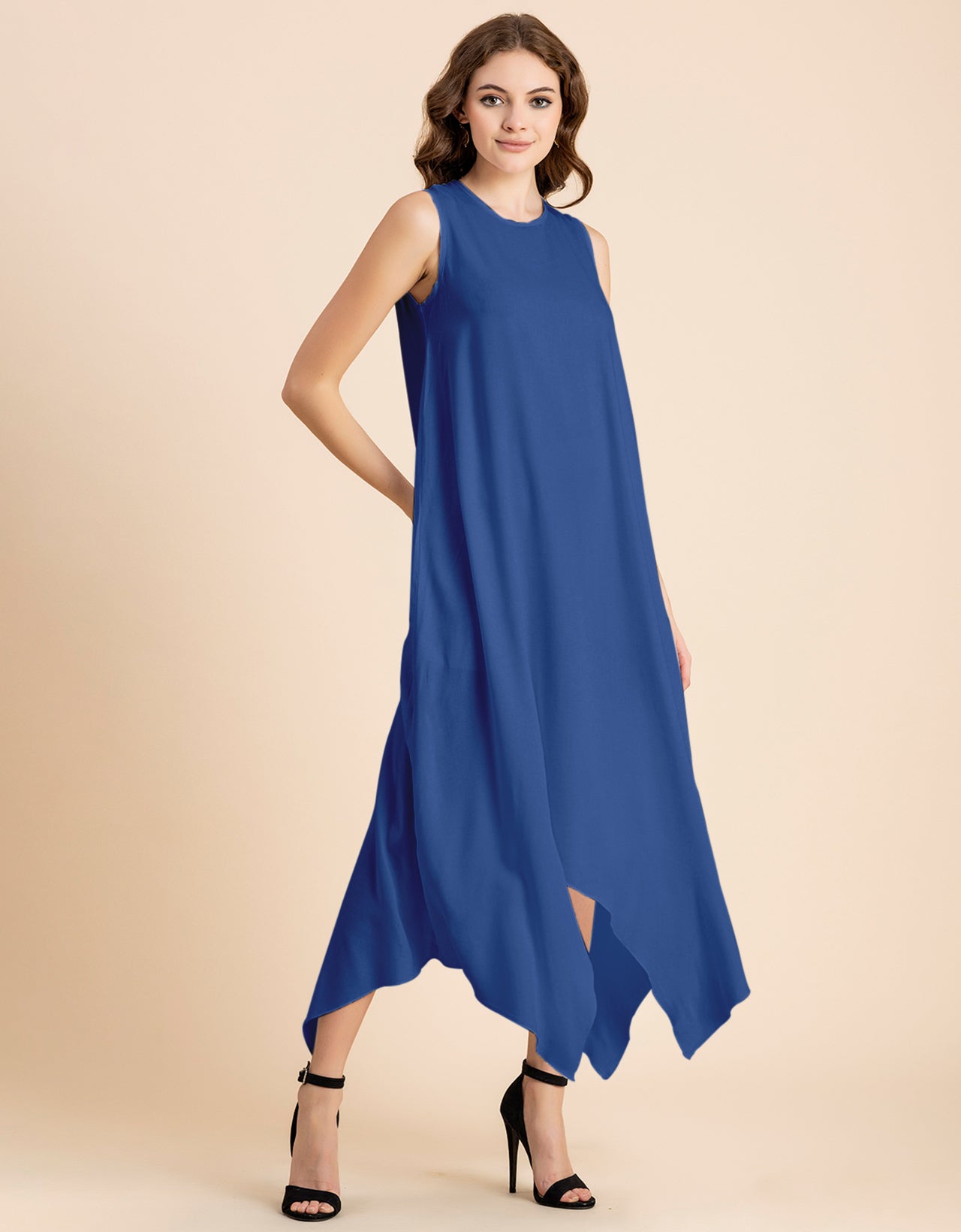 Contemporary Asymmetric Round Neck Solid Rayon Dress
