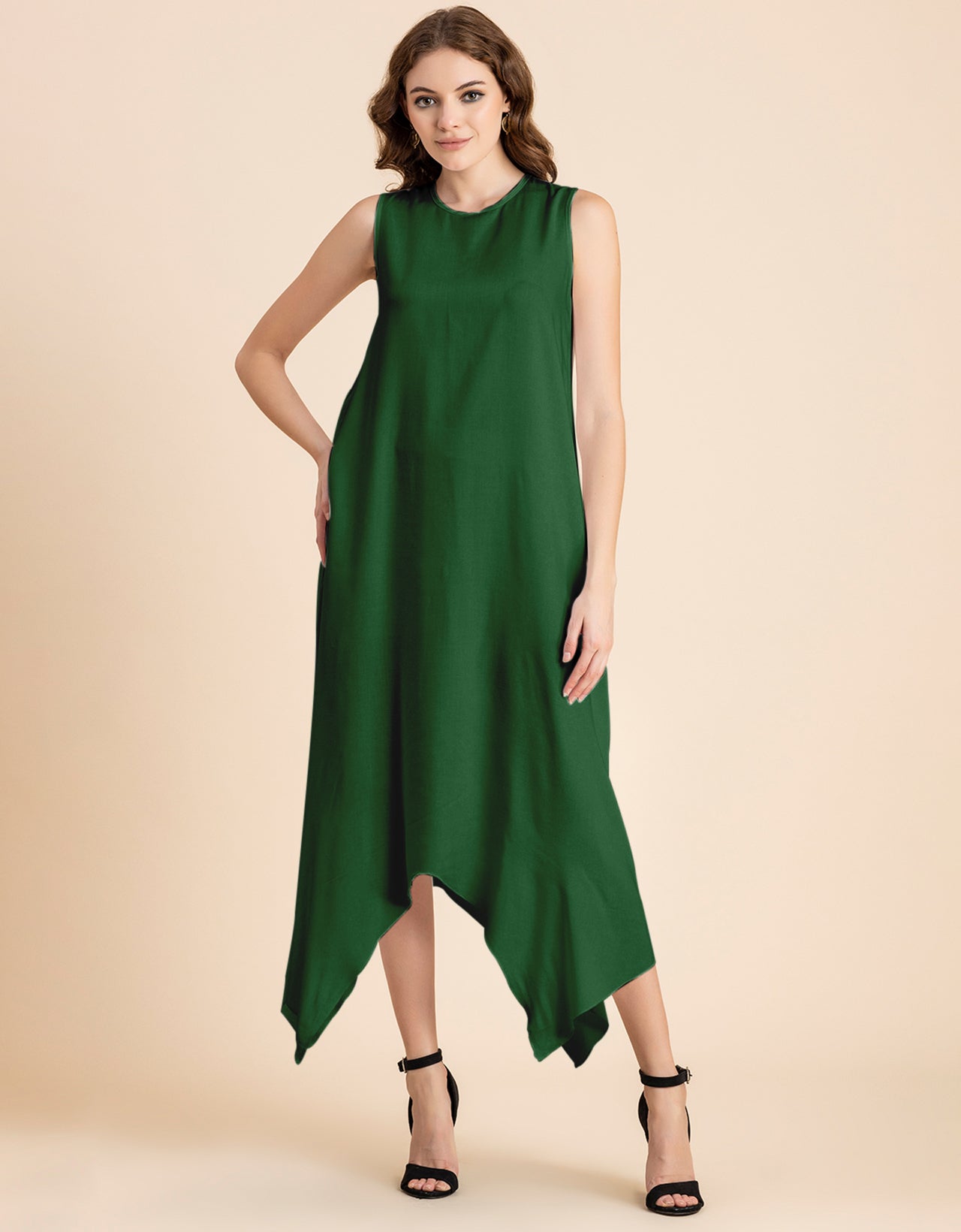 Contemporary Asymmetric Round Neck Solid Rayon Dress