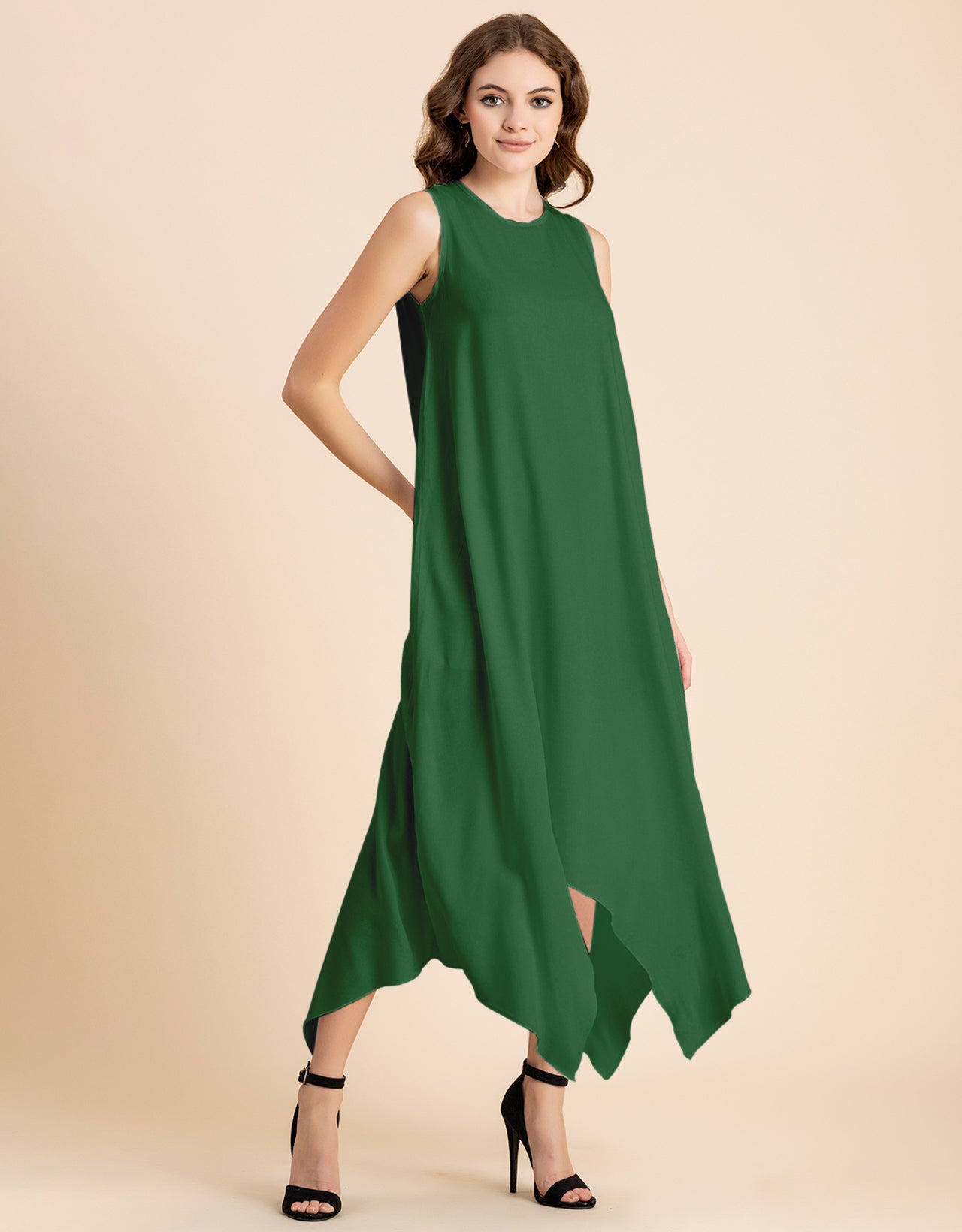 Contemporary Asymmetric Round Neck Solid Rayon Dress