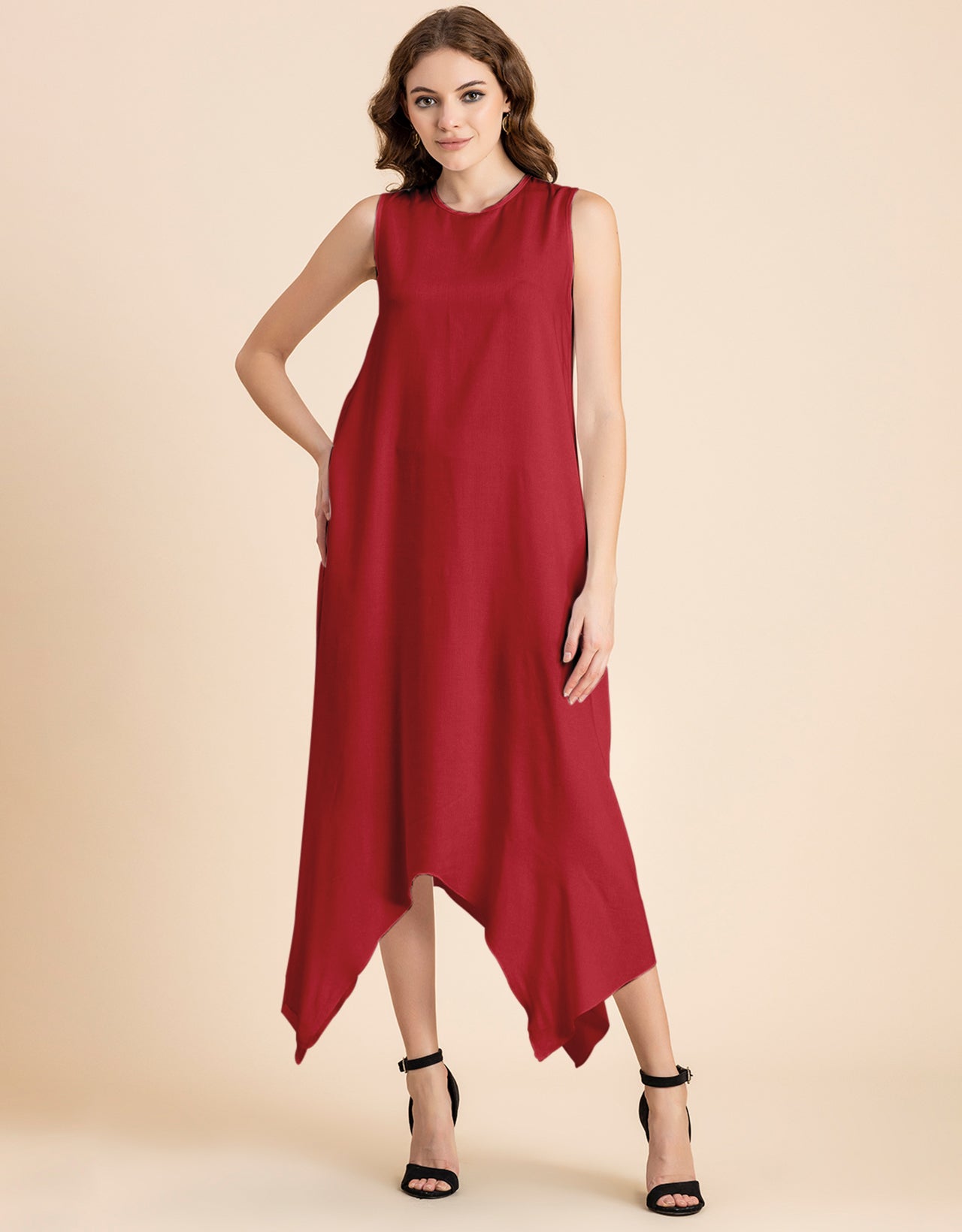 Contemporary Asymmetric Round Neck Solid Rayon Dress