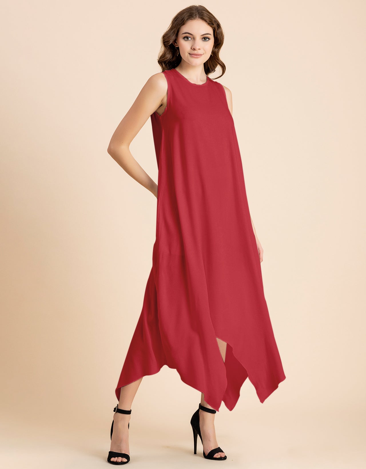 Contemporary Asymmetric Round Neck Solid Rayon Dress